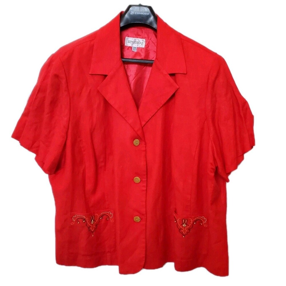 STUDIO I Cherry Red Short Sleeve Blazer Suit Jacket Plus 24w Embroidered 90s